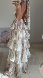 Glamorous Chiffon Print Floral A Line Backless Prom Dress V Neck Halter Layered Evening Dress Y8501 by simplepromdress