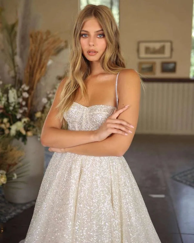 Shiny Wedding Dresses Boho Sweetheart Sequin Spaghetti Strap A-Line Princess Wedding Bridal Gown suknia slubna Main Image