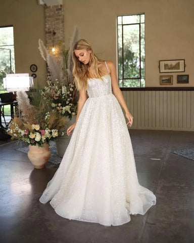 Glänzende Brautkleider Boho Sweetheart Pailletten Spaghettiträger A-Linie Prinzessin Hochzeit Brautkleid suknia slubna 