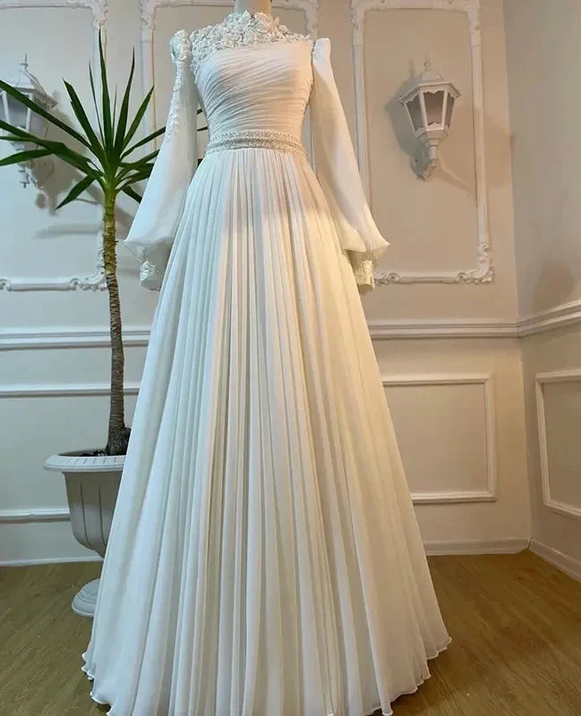 Muslim Wedding Dress Long Sleeves With Pearls Chiffon Appliques Long Pleated Bridal Gowns Y6727 by simplepromdress