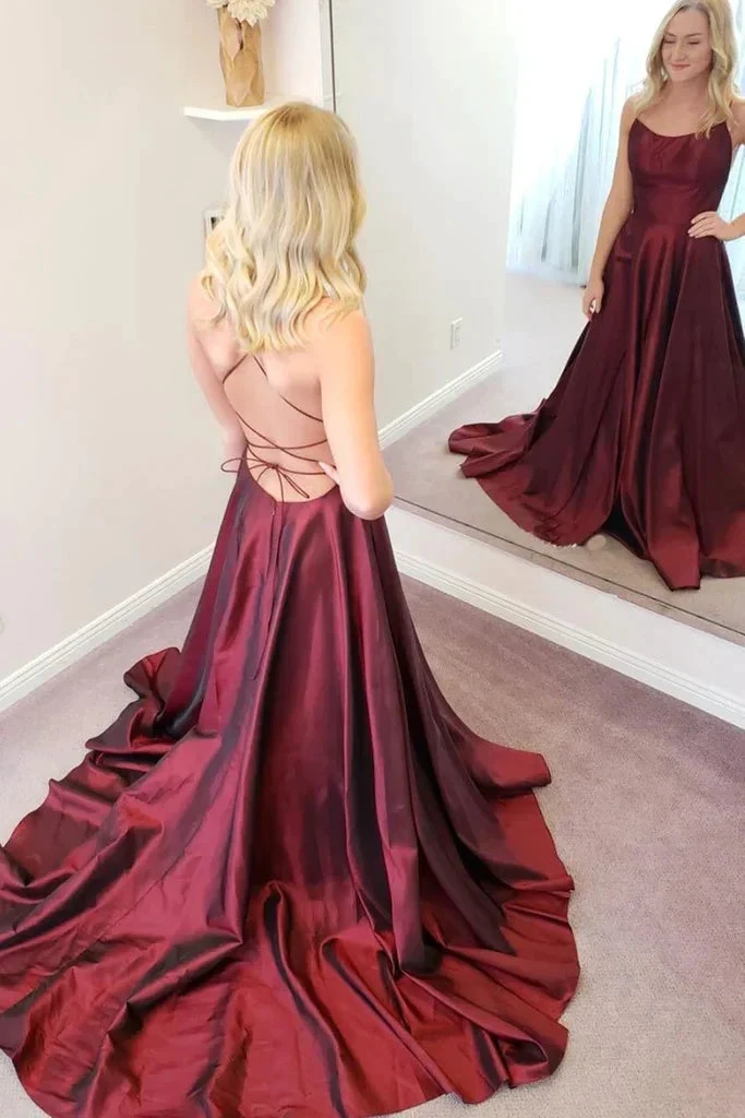 Simple A Line Backless Thin Strap Burgundy Satin Long Prom Dress, Backless Burgundy Formal Evening Dress Y224 by simplepromdress