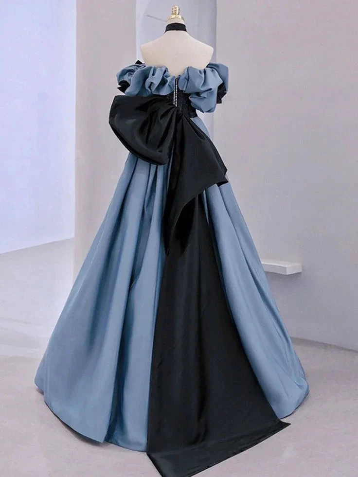 Blue Satin Lace Long Prom Dress Off Shoulder Evening Dress Y5621 by simplepromdress