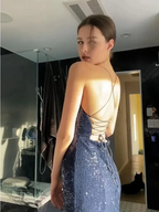 Sexy Navy Blue V Neck Slit Evening Dress Long Prom Dress Y7798 by simplepromdress