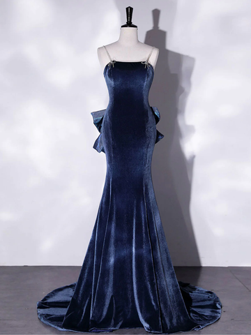 Mermaid Velvet Blue Long Prom Dresses Blue Velvet Long Evening Dress Y4387