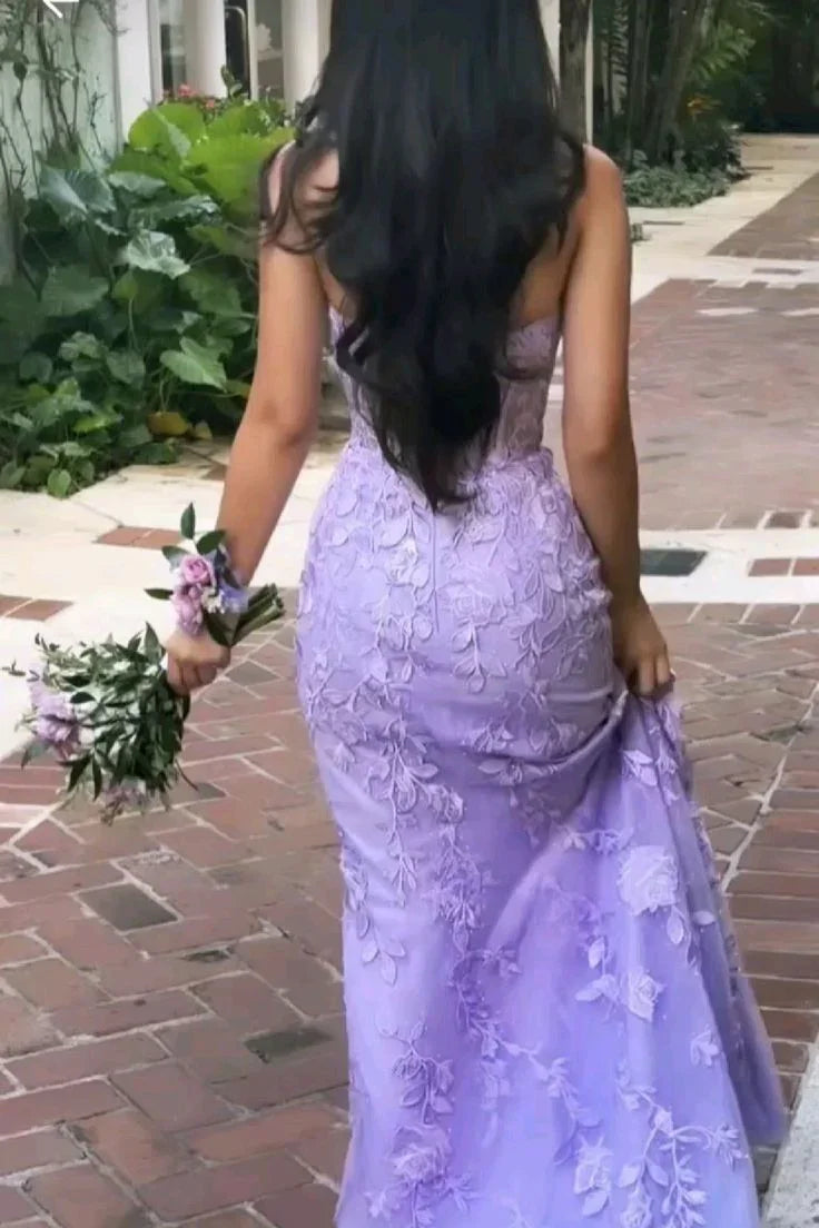 Purple Strapless Tulle Lace Appliques Evening Dress Mermaid Prom Dress Y7910 by simplepromdress
