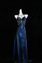 Luxury Navy Blue Beaded Slit Evening Dress Formal Prom Dress Y7723 by simplepromdress