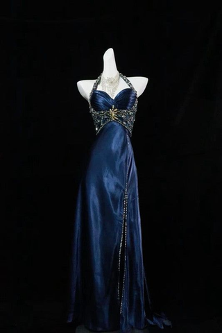 Vestido de noche azul marino de lujo con abertura y cuentas, vestido formal de fiesta Y7723