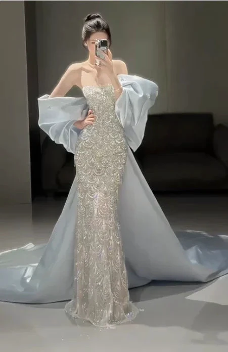Sparkly Satin Beaded Mermaid Evening Dress Long Prom Dress With Bow Y8330 by simplepromdress