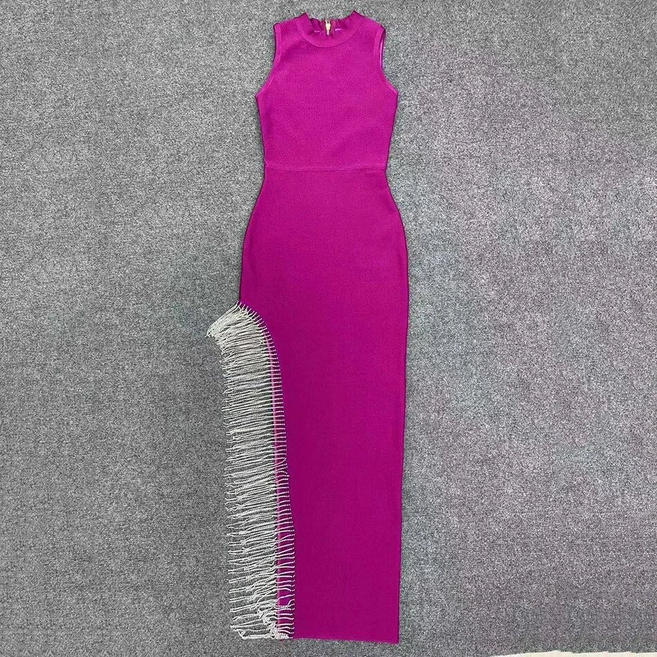 Women's Sexy Shiny Slit Fringe Bandage Dress Elegant Long Evening Dress Y407 by simplepromdress