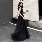 Black tulle beads long prom dress black evening dress Y1134 by simplepromdress