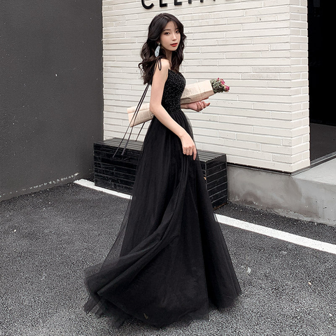 Black tulle beads long prom dress black evening dress Y1134