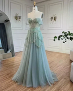 Sage Green A-Line Off The Shoulder Tulle Beaded Evening Dress Formal Prom Dress Y8157 by simplepromdress