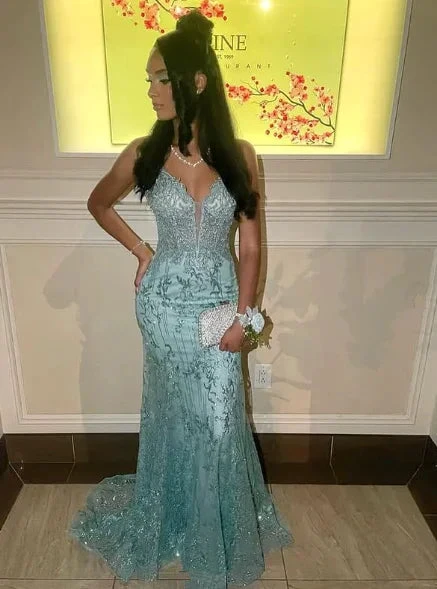 Charming Spaghetti Straps Lace Appliques Evening Dress Mermaid Prom Dress Y7921 by simplepromdress