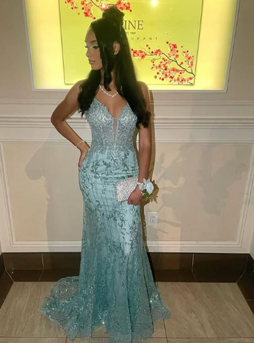 Charming Spaghetti Straps Lace Appliques Evening Dress Mermaid Prom Dress Y7921