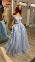 Light blue v-neck long A-line prom dress new arrive evening dress Y6464 by simplepromdress