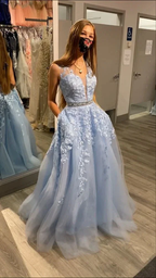 Light blue v-neck long A-line prom dress new arrive evening dress Y6464 by simplepromdress