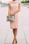 Chic Pink Cap Sleeves Lace Knee Length Short Prom Dresses by Ombreprom