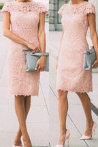 Chic Pink Cap Sleeves Lace Knee Length Short Prom Dresses by Ombreprom