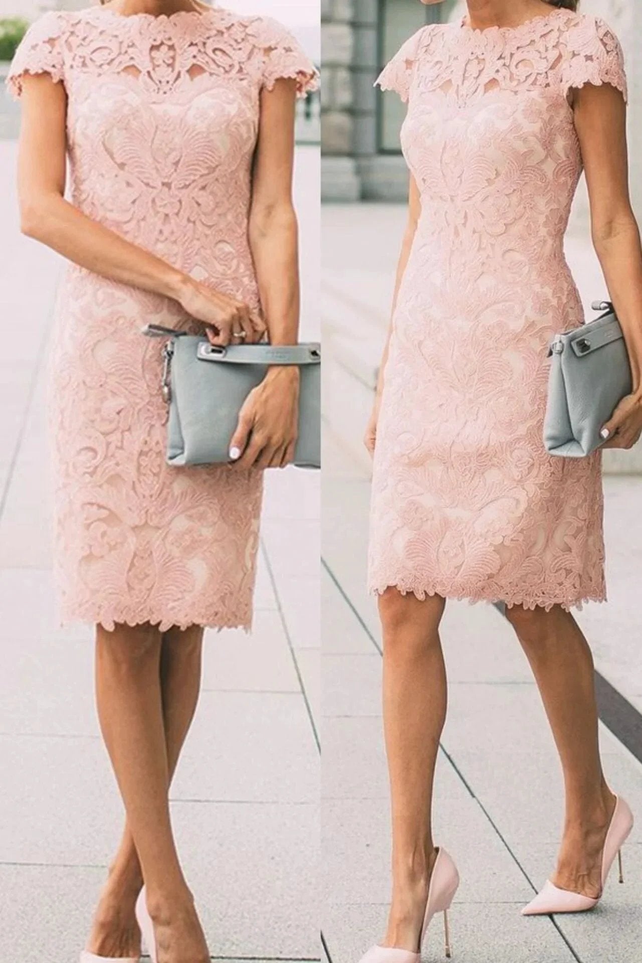Chic Pink Cap Sleeves Lace Knee Length Short Prom Dresses by Ombreprom
