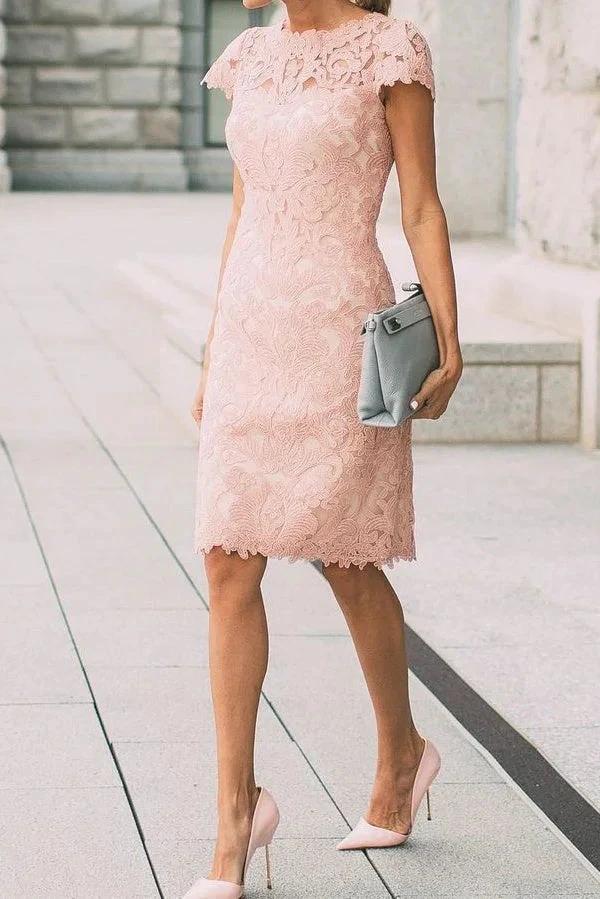 Chic Pink Cap Sleeves Lace Knee Length Short Prom Dresses by Ombreprom