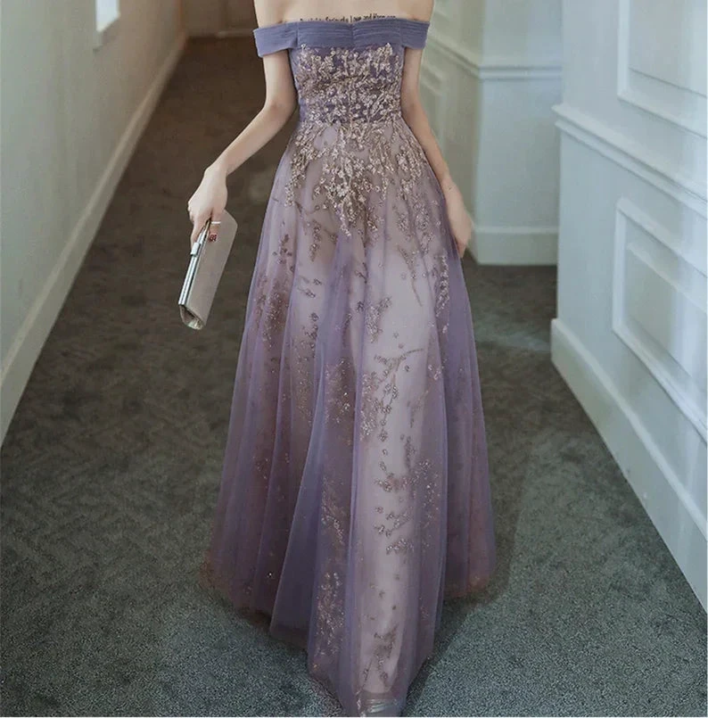 Dreamy Purple Prom Dress off Shoulder Evening Dress Elegant Long Banquet Dress Sleeveless Party Dress Girl Graduation Dress Y4286 by simplepromdress