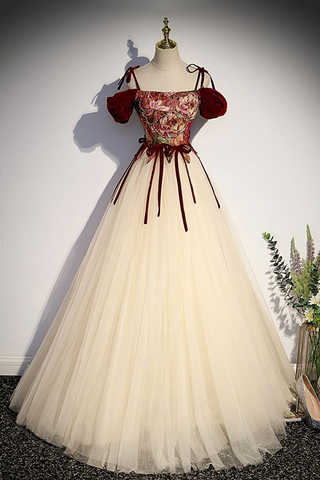 Vestido de fiesta largo con tirantes finos de tul color champán, corte A, Y7952