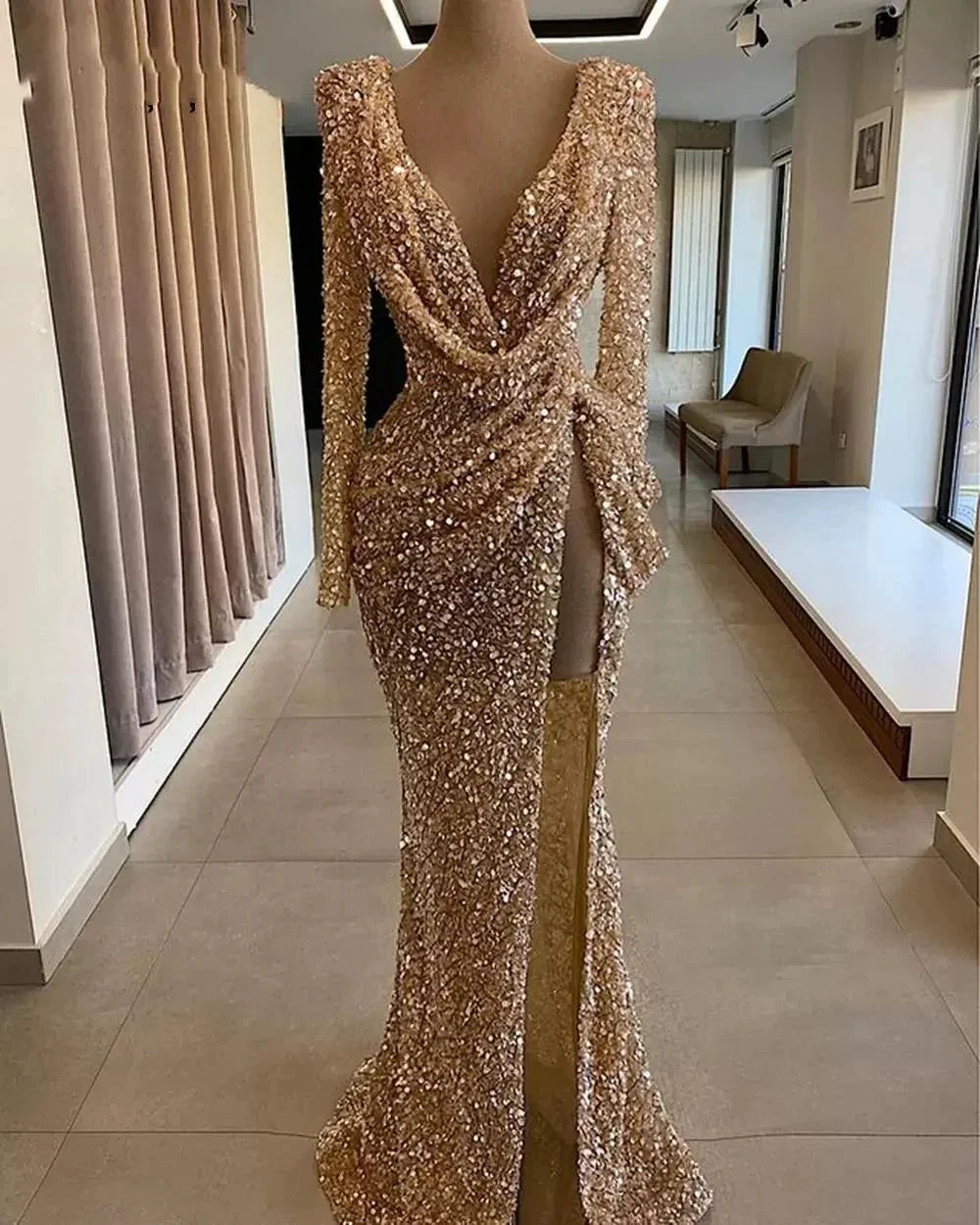 sparkly prom dresses, deep v neck prom dresses, long sleeve prom dresses, arabic prom dresses, side slit prom dresses, fashion evening gowns Y1389 by simplepromdress