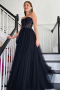 Strapless Black Lace Tulle Long Prom Dress, Black Lace Formal Dress, Black Evening Dress Y205 by simplepromdress
