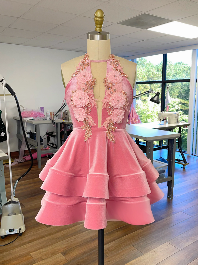 Cute A-line Pink Homecoming Dress Halter Neckline Pink Party Dress Y2153 Hover Image