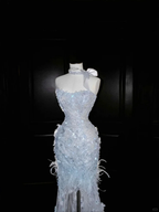 Dream Blue Tulle Beaded Appliques Long Prom Dress,Slit Mermaid Evening Dress Wedding Dress Y8668 by simplepromdress