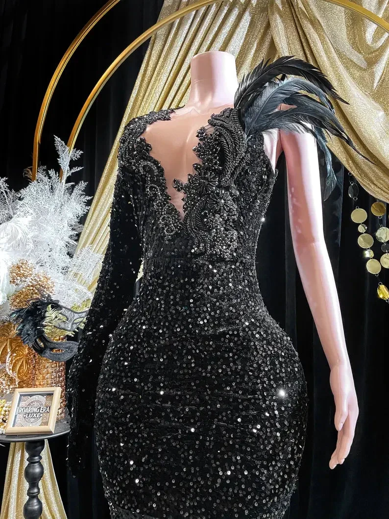 Black Sequins Rhinestone Applique Long Sleeve Mermaid Prom Dress Evening Dress Y8313 by simplepromdress