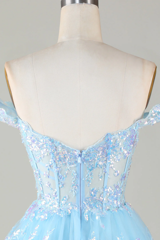 Sparkly Blue Corset Tiered Lace A-Line Short Homecoming Dress Y4083