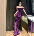 Elegant Velvet Long Sheath Prom Dress Purple Off Shoulder Slit Party Evening Gown Y8131 by simplepromdress