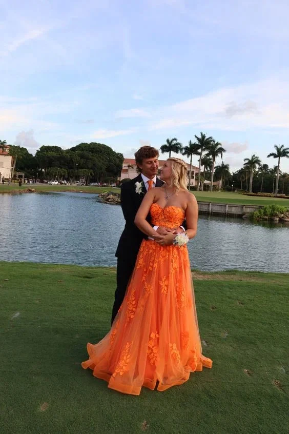 Orange Lace Appliques Prom Dress Illusion Sweetheart Strapless Tulle A Line Sweep Train Evening Gowns Graduation Party Y4167 by simplepromdress