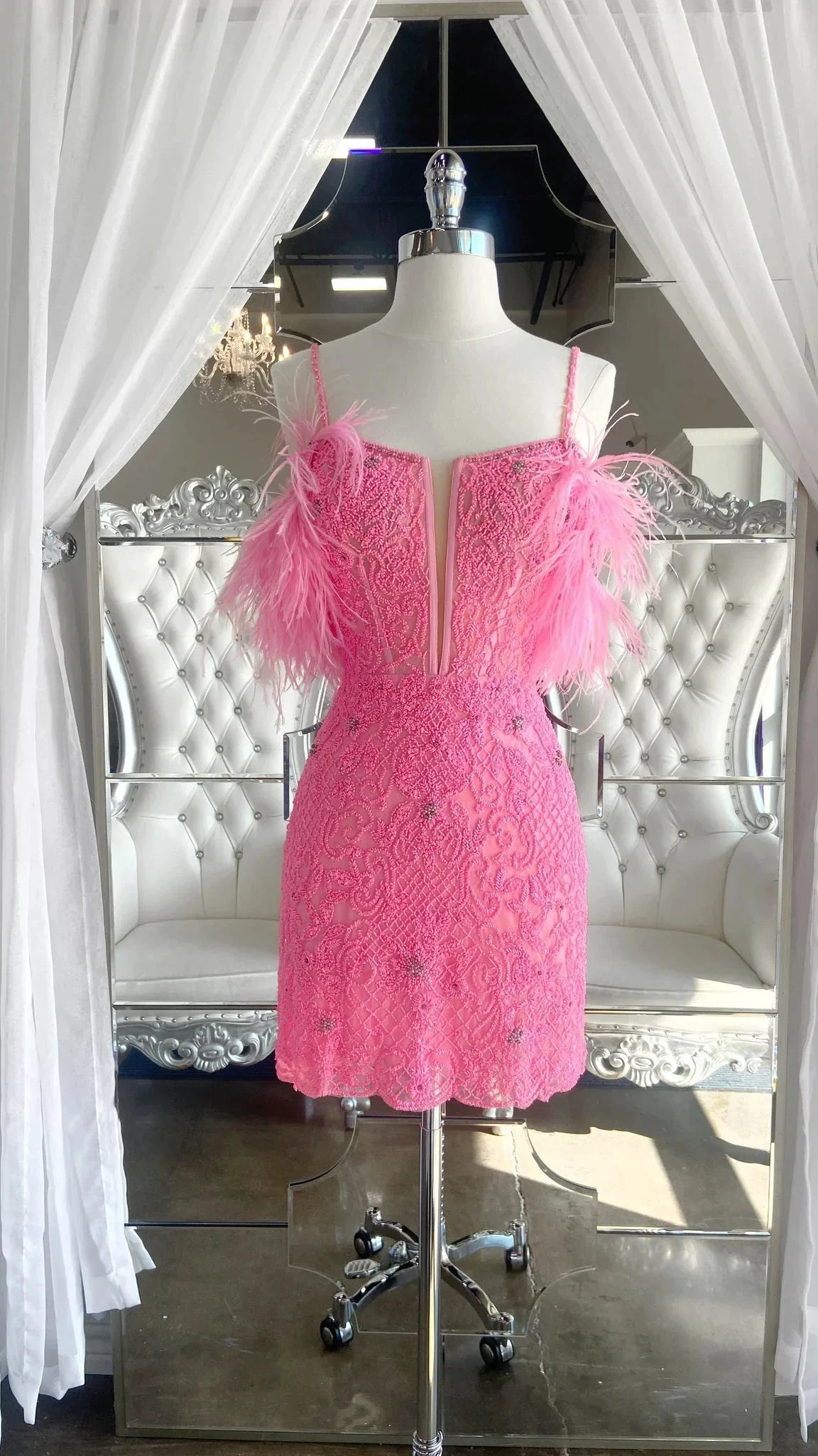 Charming Sheath Spaghetti Straps Pink Short Beaded Feather Homecoming Dresses Y2866 by simplepromdress