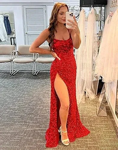 Glitter Sequin Prom Dresses High Slit formal dress Royal Blue Evening Dress Y75 by simplepromdress