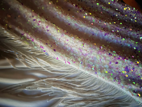 Sparkly White Spaghetti Straps Sequins Prom Dress Mermaid Slit Tassel Evening Dress Y8648