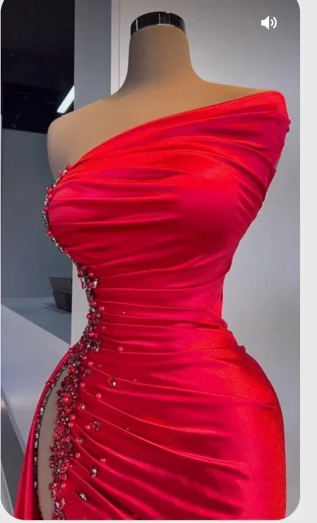 Red Asymmetrical Neckline Satin Pleated High Slit Evening Dress Charming Formal Gown Y379 by simplepromdress