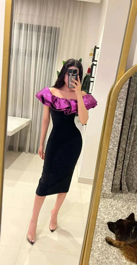 Woman wearing off-shoulder black dress with purple ruffle, ZAPDRESS fashion mirror selfie
