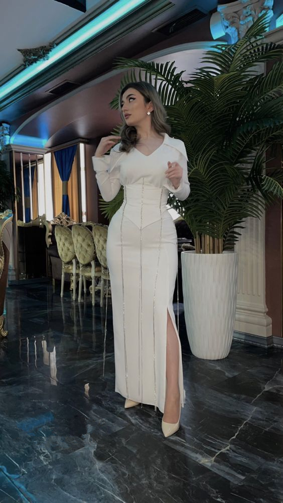 Chic Sheath Long Sleeves Evening Dress With Split Y7079 Main Image