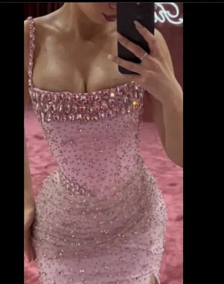 Charming Pink Mermaid Beaded Evening Gown Spaghetti Straps Slit Long Prom Party Dress Y7970 by simplepromdress