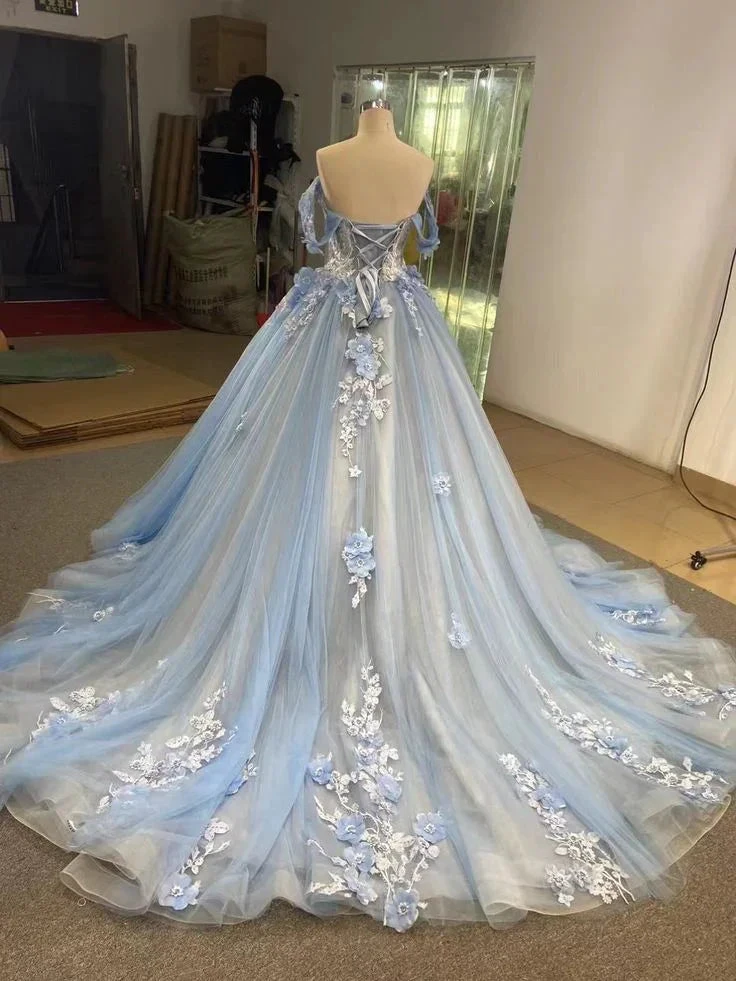 Blue Off The Shoulder Lace Tulle Ball Gown,Sweet 16 Dress Y6855 by simplepromdress