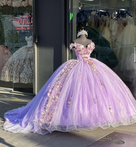Vestido de fiesta lila con apliques y hombros descubiertos, vestido de quinceañera 2019