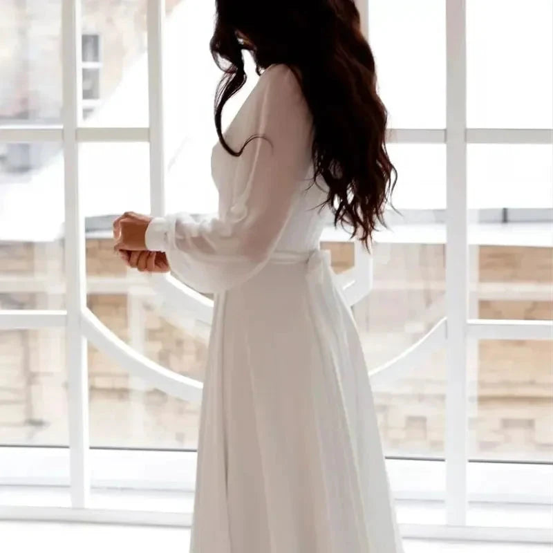 A Line Chiffon Wedding Dresses White Dresses Womens vestidos boda playa vestidos de boda Elopment Full Sleeve Simple by payinti