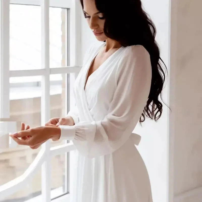 A Line Chiffon Wedding Dresses White Dresses Womens vestidos boda playa vestidos de boda Elopment Full Sleeve Simple by payinti