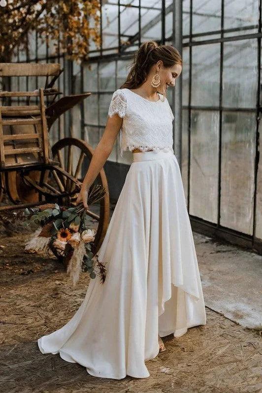 Wedding Dresses Lace A Line Two Piece Chiffon Half Sleeve High Low