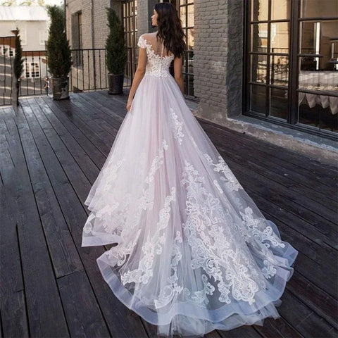Lace Appliques Princess Bohomian Beach Wedding Dress Vestido De Noiva Cap Sleeve V-Neck Vestidos De Novia