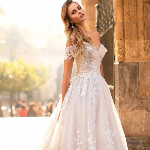 Lace Appliques Princess Wedding Dress Vestido De Noiva V-Neck Vestidos De Novia