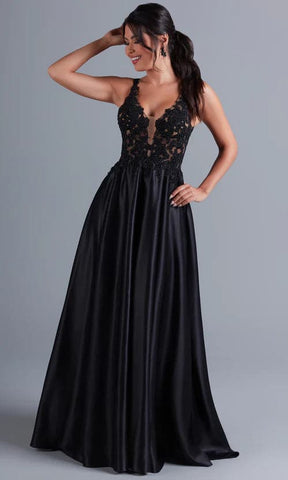Vestido de fiesta largo negro de corte A con corpiño de encaje SYP75