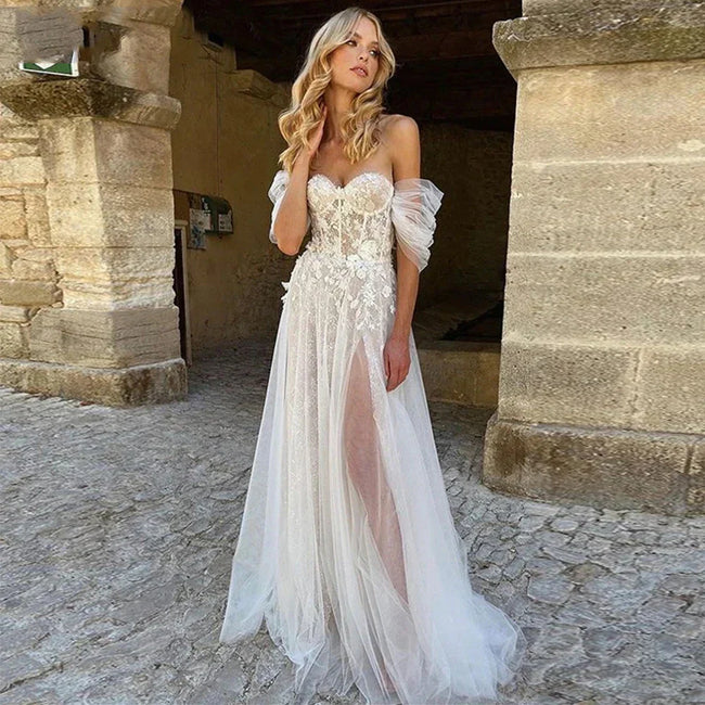 Lace Boho High Fork Wedding Dresses A Line Off The Shoulder Beach Sweetheart Bride Dresses Custom Made To Measures Floor Length Hover Image